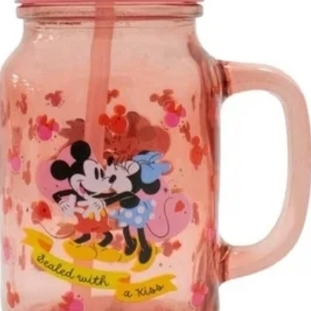 Disney Pink Glass Mason Jar with Straw